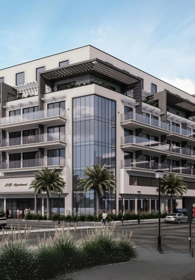 A modern multi-story apartment building with large windows and multiple balconies. The exterior features a mix of white and gray tones.